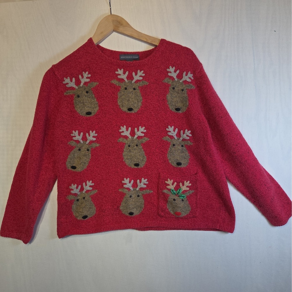 Northern Isles Womens Large L Reindeer Pocket Red Sweater Dimensional